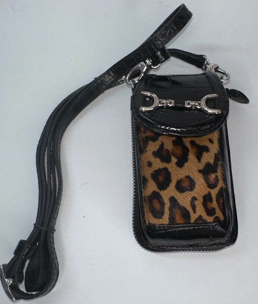 Brighton Pouch Purse Crossbody Cell Phone Carrier Black Brown Leather Leopard