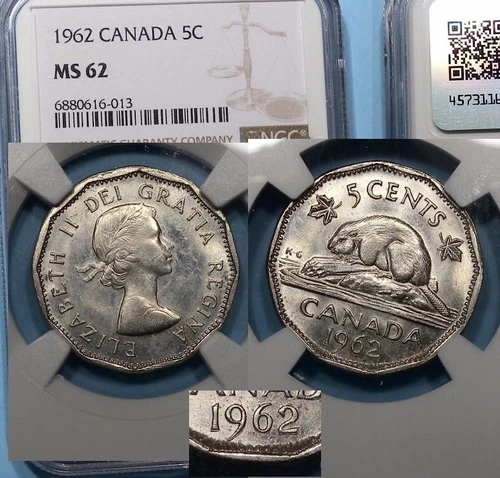 1962 CANADA 5 CENTS DOUBLE DATE NGC MS 62 #VAM-5
