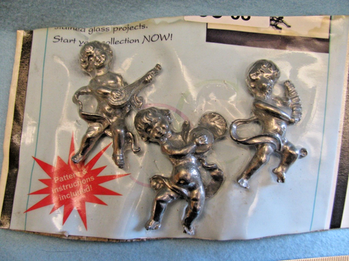Lot of 3 Cherub Musicians Cast Metal Bodies ... Add Wings of Stained Glass - Imagen 1 de 9