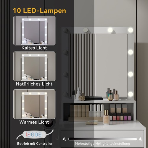 Schminktisch Kosmetiktisch Frisiertisch Kommode Hocker LED-Beleuchtung Spiegel - Bild 3 von 8
