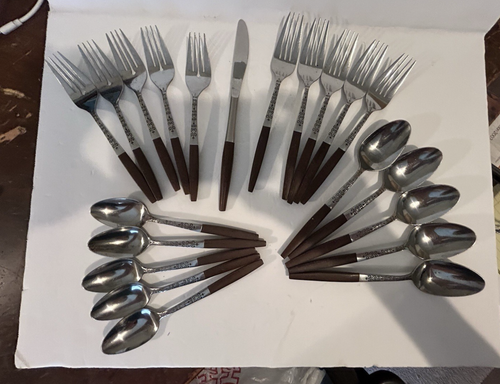 Vtg Interpur Teak Wood Handles Flatware Silverware Mid Century 21 Pieces