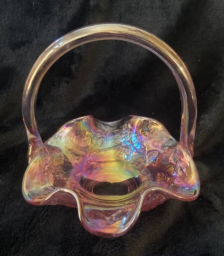 Vintage Glass Mini Basket..Pink Opalescent "Grape & Cable" Design...Fenton??