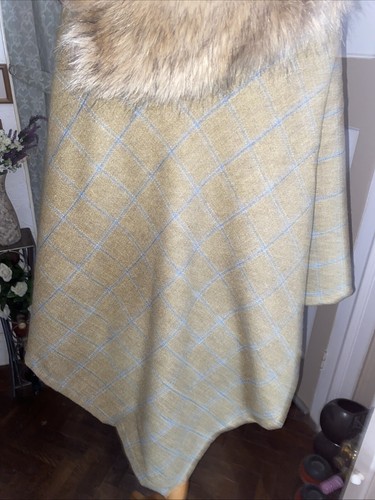Green Check Tweed Wool Fur Collar Poncho Cape OSFA Handmade Gift Paisley Lined❤️ - Picture 9 of 13