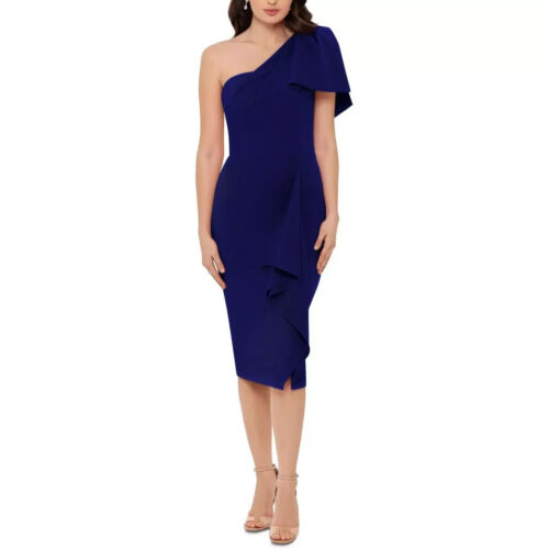 Betsy & Adam Womens Navy Cascade Midi One Shoulder Bodycon Dress 10 NWT