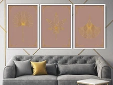 Set of 3 Prints- ART Deco Leaves Pink Gold Effect Line Print Wall Poster Gift 2