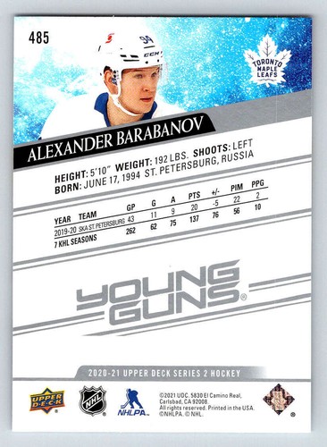 2020-21 Upper Deck #485 Alexander Barabanov Young Guns RC (ref 184408) - Picture 2 of 2