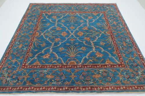 7 x 7 ft Blue Afghan Fine Hand Knotted Tansitional Oriental Square Rug