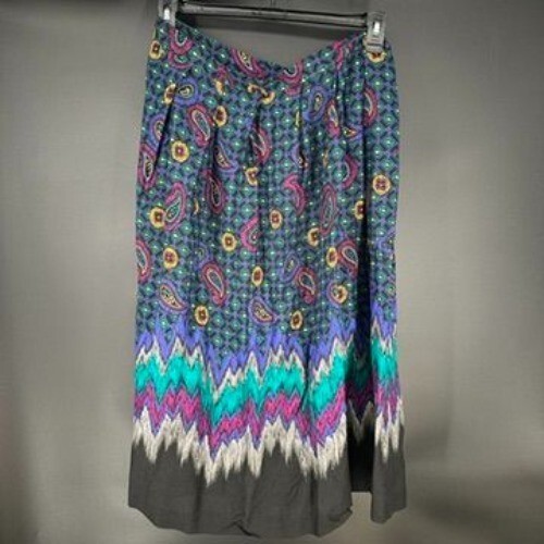 Vintage 80s High Waist Paisley Border print Chevron A line Hipster Midi Skirt La - Picture 1 of 8