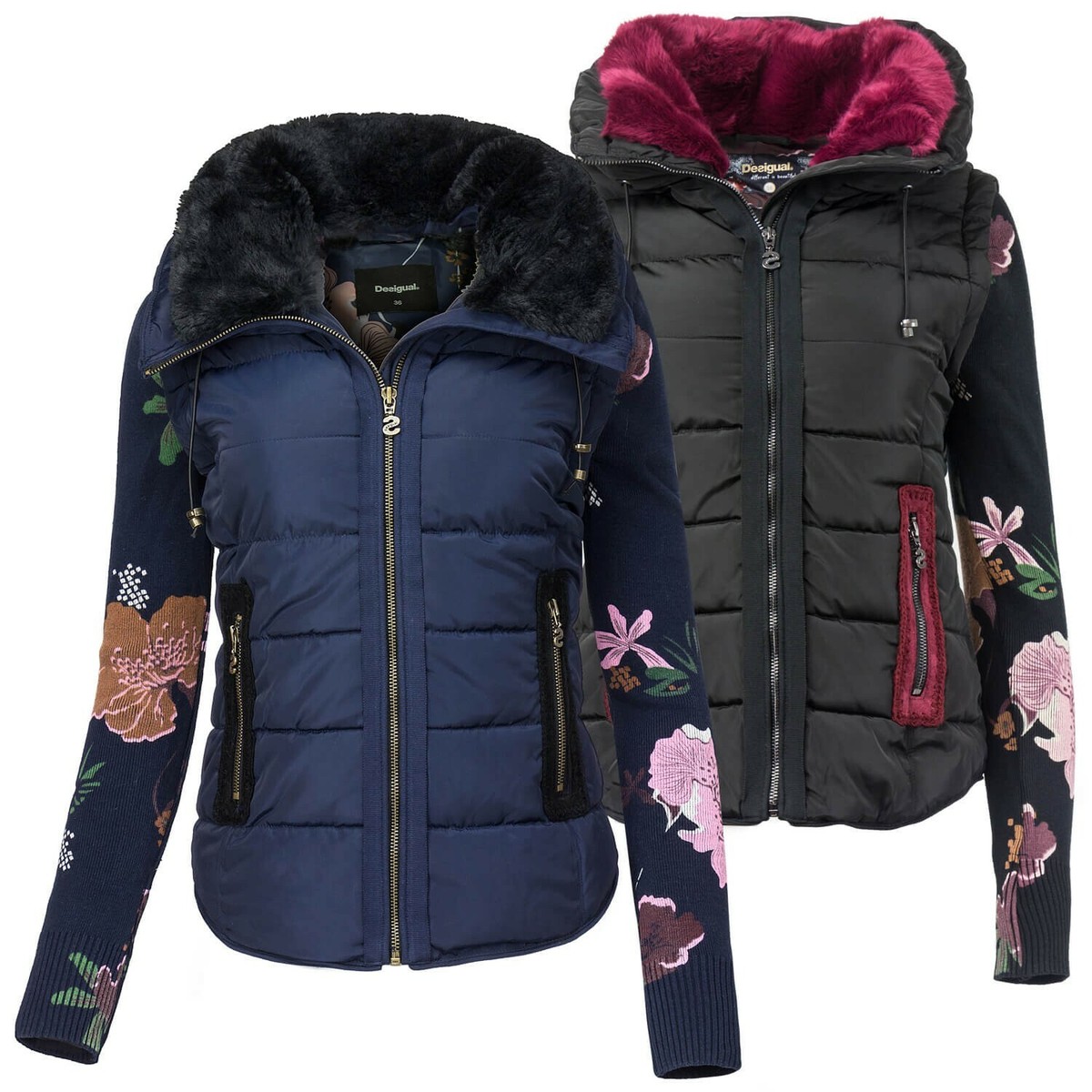 Desigual Damen 2-in-1 Jacke Weste mit floralen Strickärmeln farbiges  Kunstfell