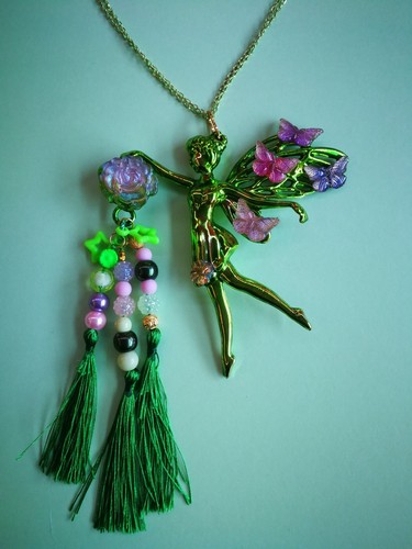 Green Fairy Belle Epoque Jewelry Art Deco Nouveau Doll Head Pendant Butterfly - Picture 4 of 24