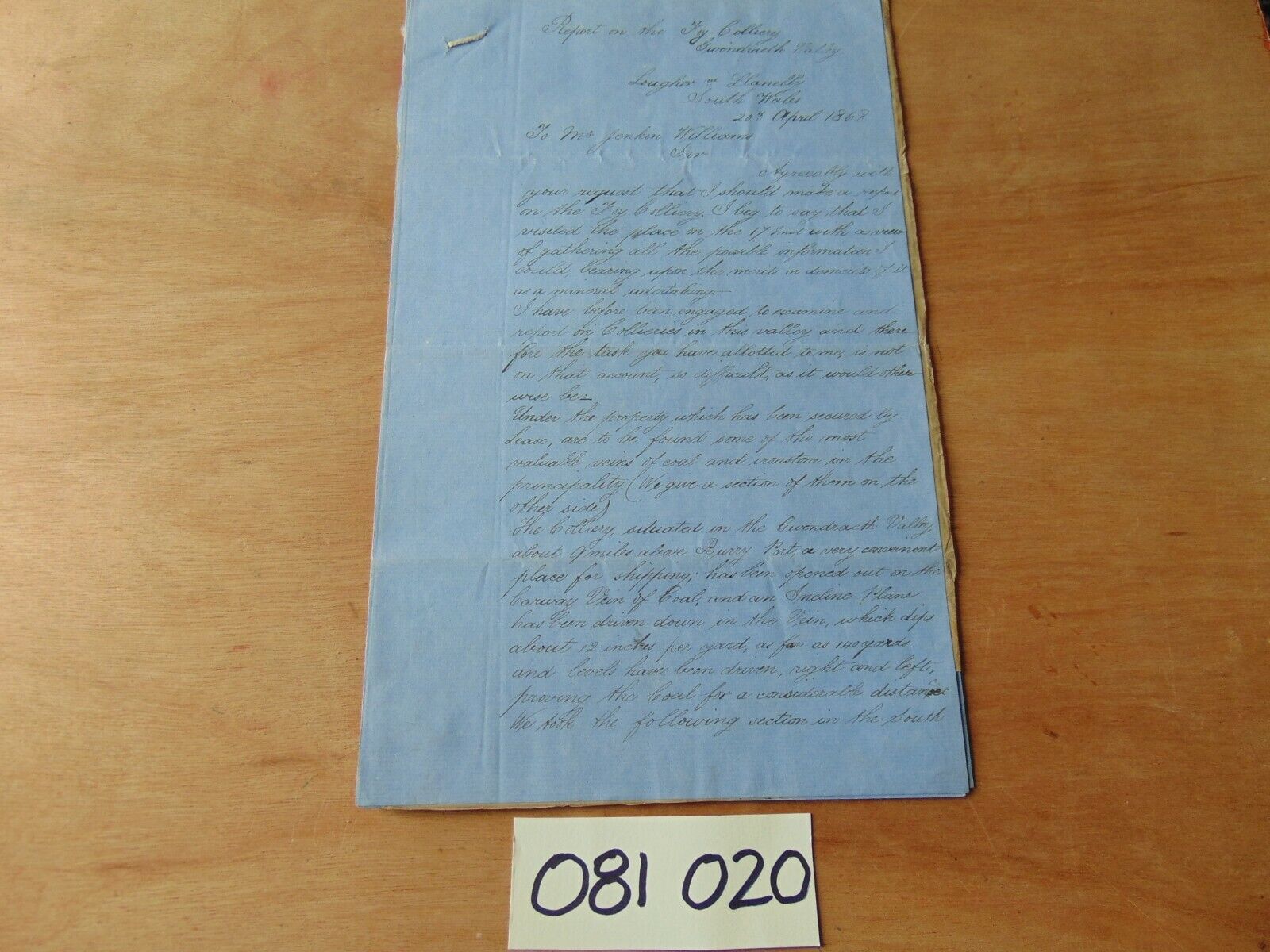 19th C. WELSH MINING HAND WRITTEN MANUSCRIPT LETTER 1868 FOY COLLIERY REPORT