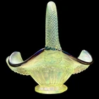 2002 Fenton QVC Museum Iridized Opalescent Topaz Black Crest Winged Basket GLOWS