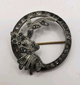 Vintage Brooch Round With Flower And Faux Crystals