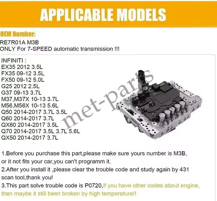 For 2014-2015 Infinity Q50 3.7L Valve Body & Solenoid TCM 31705