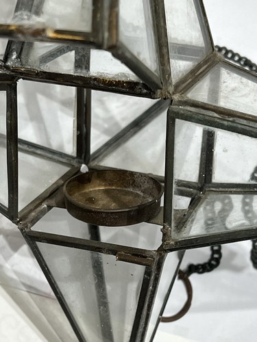 Portacandele vintage stella da appendere ottone e vetro 12" con catena 20" - Foto 3 di 16