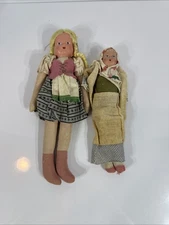 2 Vintage 12" & 10"Cloth Rag Doll. Blue Eyes. European Costume. Braided Ponytail