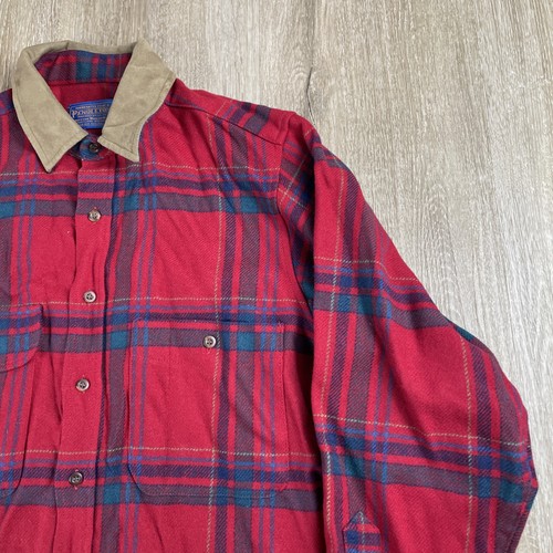 Pendleton Wool Flannel Button Up Small Shirt Red Madras Plaid Suede Collar USA - Picture 16 of 16