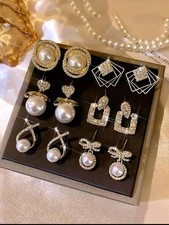 Elegant Silver White Faux Pearl Stud Earrings Classy Lady Statement Piece 6pcs L