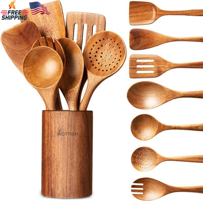 Wooden Spoons for Cooking - 8-Piece Wooden Kitchen Utensil Set Made of Natural S