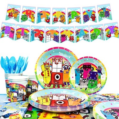 114Pcs Number Blocks Party Decoration Birthday Tableware Plate Banner Tablecloth