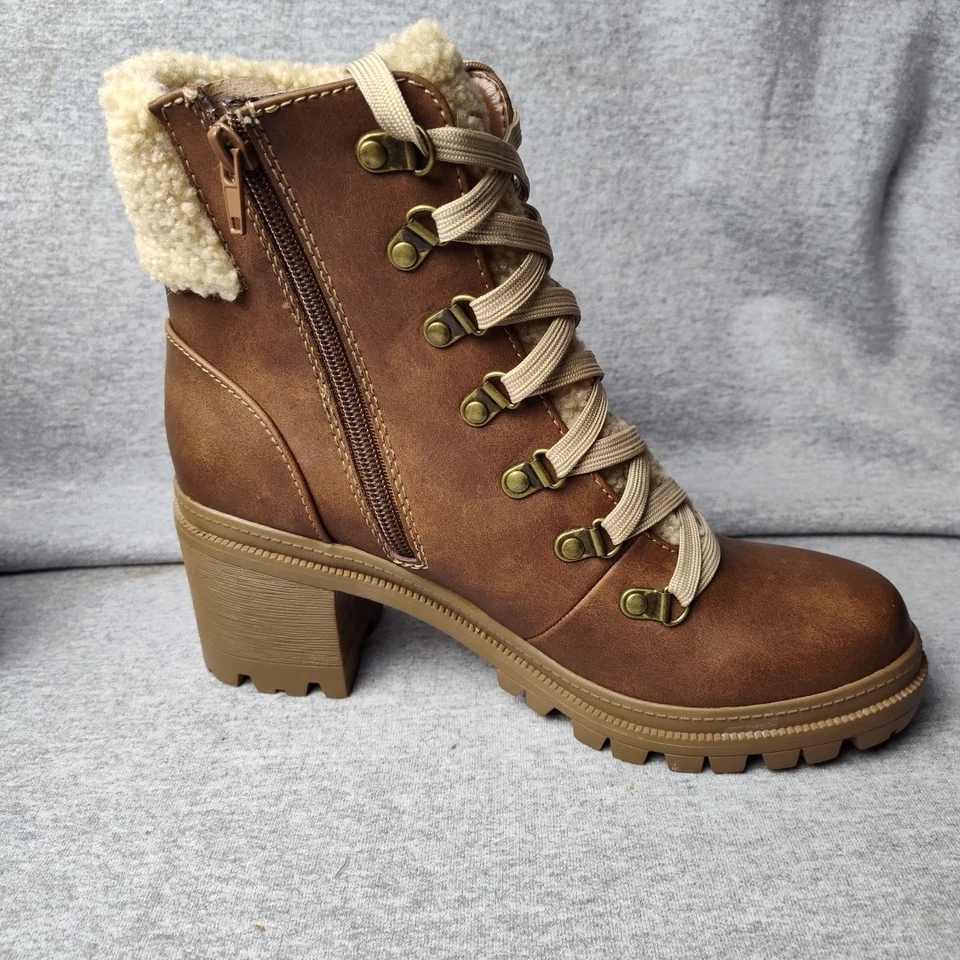 Soda Women Lug Sole Fur Heel Ankle Combat Boots Lace Up Booties LT Brown Keynote - Image 4 of 4