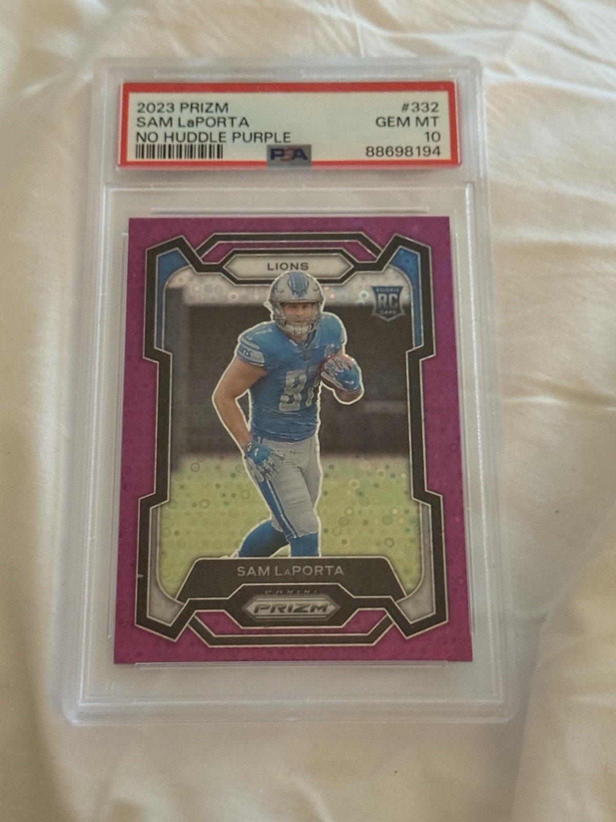 Sam Laporta 2023 Prizm No Huddle Purple #332 14/35 Psa 10