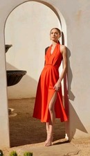ASTR THE LABEL Keava Halter Backless Midi Orange Linen Blend Dress size L NWT