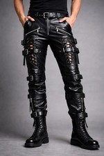 Handmade Men's Black Lambskin Leather Pant's, Punk Rock Buckle Cargo Trouser
