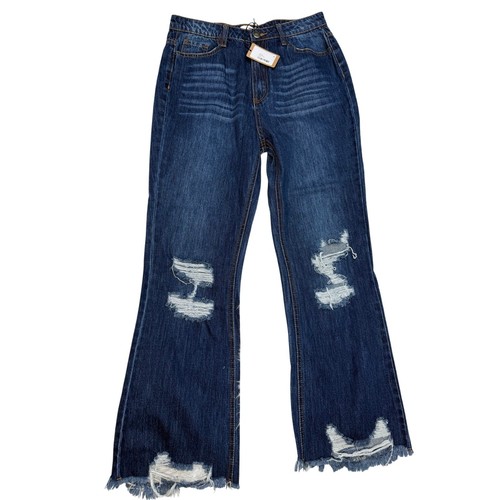 Easel Women's Cropped Flare Distressed Jeans Size L Blue Raw Hem NWT