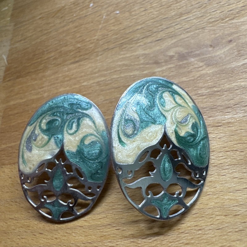 Vintage Pierced Earrings Teal & Cream Swirl Enamel Oval Drop