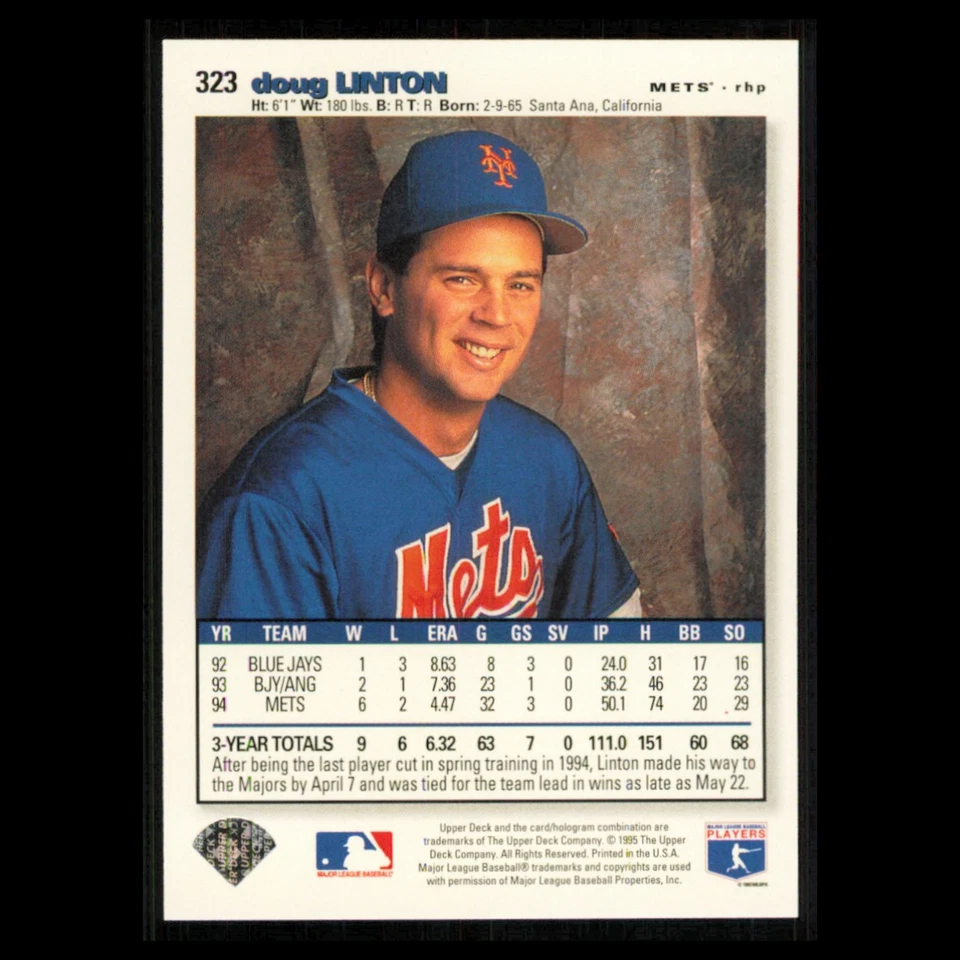 Doug Linton #323 1995 Upper Deck Collectors Choice New York Mets Baseball Card - Image 2 of 3