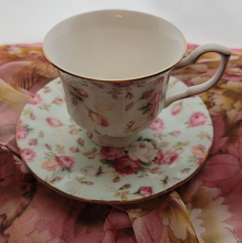 Gracie Bone China Rose Chintz Teetassen/Untertassen (2) Blau und Creme Goldrand 8 Oz - Bild 5 von 10