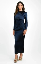 ASOS DESIGN satin high drape neck maxi Long Sleeve Navy Blue Uk10 Ball Wedding