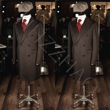 100 Cashmere Brown Men's Overcoat Peak Lapel Double Breasted Business Long Coat