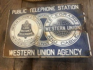 WESTERN UNION TELEGRAPH BELL OFFICE - flange - DOUBLE-SIDED Porcelain Sign