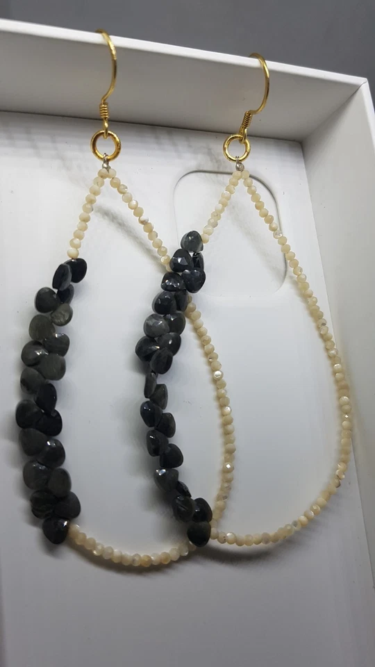 Occhio di gatto e perle pietra preziosa argento sterling 925 orecchino... - Immagine 4 di 4