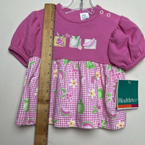 VTG HealthTEX Girls Dress Top Pink Fruit Waffle Knit Gingham Puff Sleeves 18 M - Picture 12 of 14