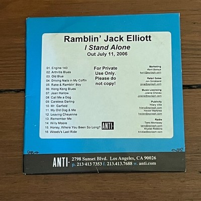 Ramblin' Jack Elliott I Stand Alone Promo CD Anti 2006 (Rambling)