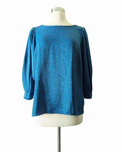 BANANA REPUBLIC Top Blouse Turquoise Blue Black Puff Sleeve Satin MEDIUM  - Picture 1 of 7