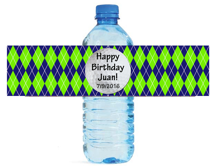 Green Blue Argyle Golf Theme Wedding anniversary Engagement Party Water Labels