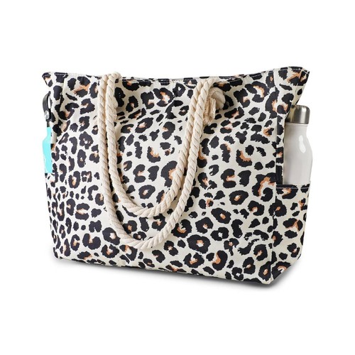 Leopard Print Canvas Tote Beach Bag for Women Waterproof Sandproof with Zipper
