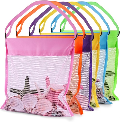 6PCS Mesh Beach Bags for Kids, Colorful Small Seashell Collecting Bags