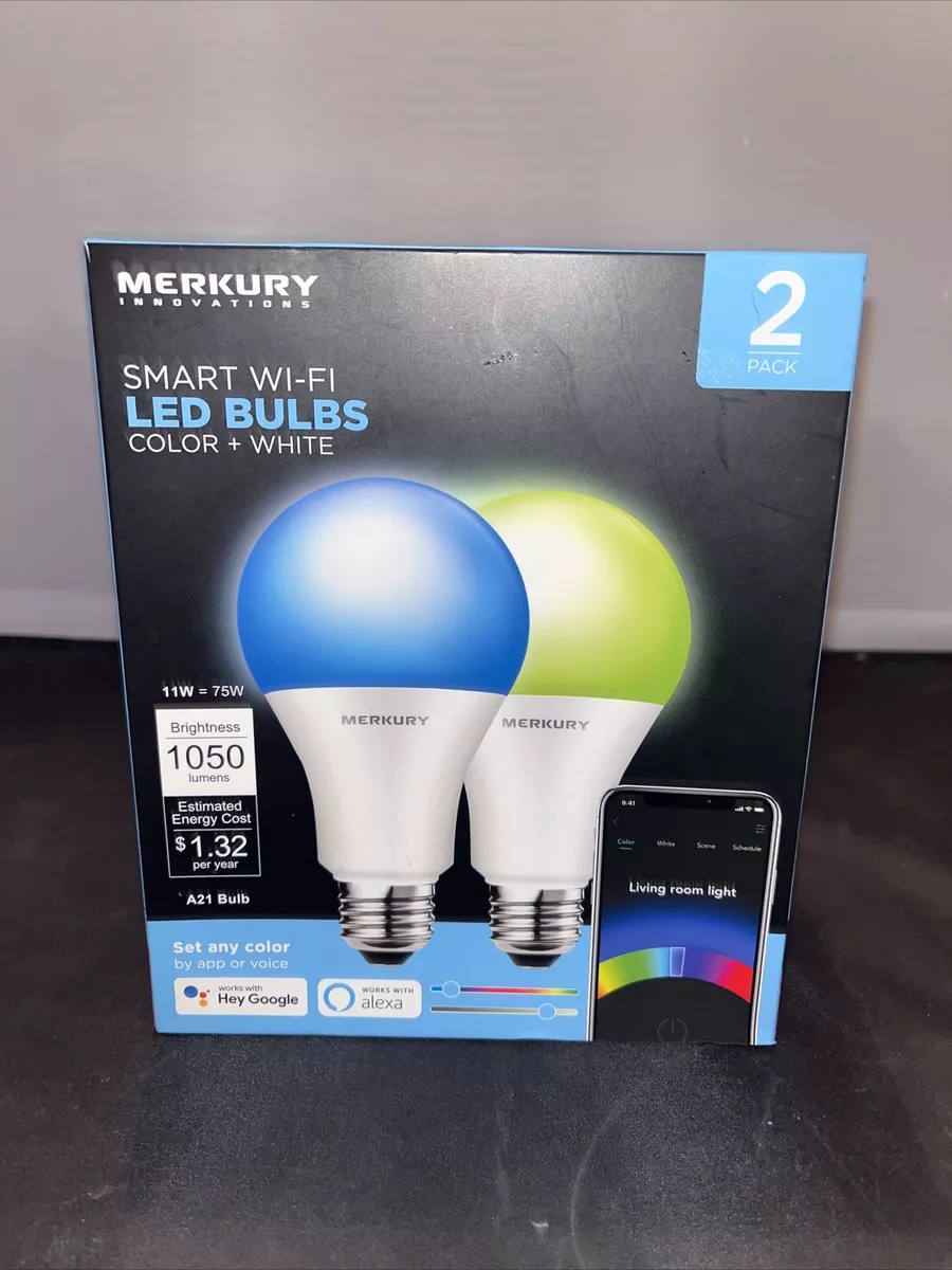 Merkury Innovations A21 Smart Wifi LED Bulbs Color White 2 Pack