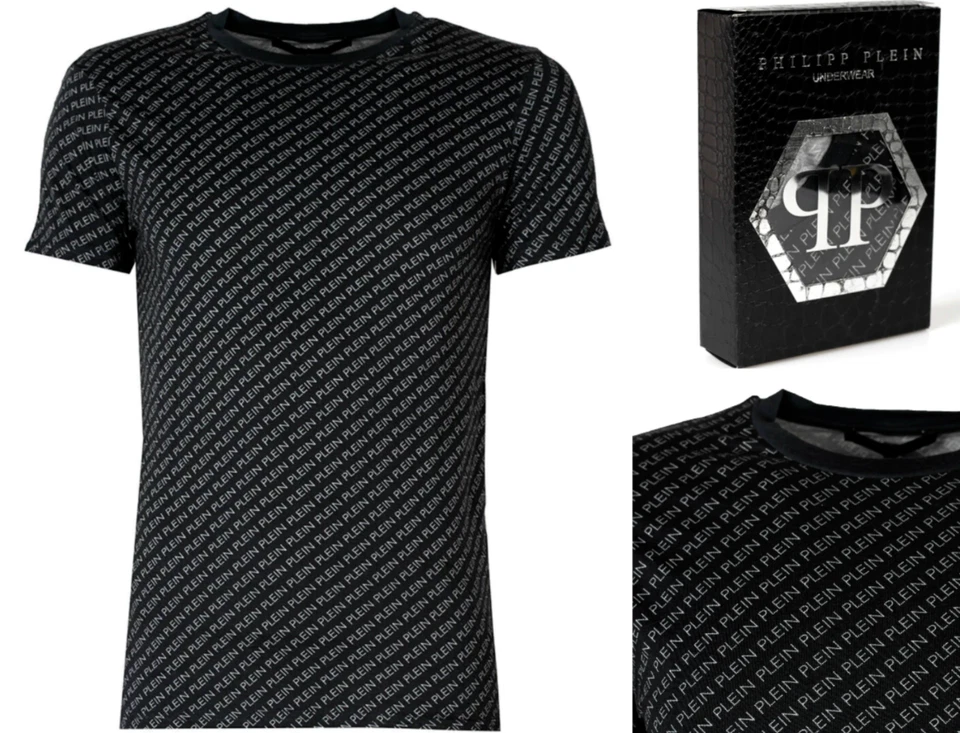 PHILIPP PLEIN COMFORT STRETCH T-SHIRT ALL OVER LOGO LOUNGE TOP ICONIC SHIRT WOW - Bild 3 von 4