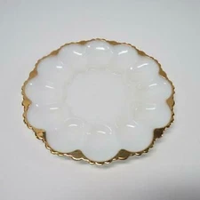 Anchor Hocking VTG Milk Glass White Gold Rimmed Deviled Egg Plate Platter Dish