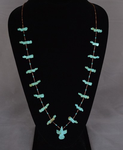 Navajo Necklace - 16 Hand Carved Turquoise Fetish and Turquoise Eagle - 31" - Picture 8 of 9