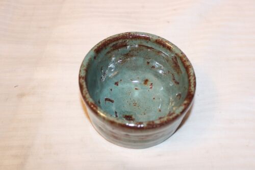 Vintage Small Clay Dip Bowl, Green With Brown, Hand Made 4" diameter 2" tall - Picture 2 of 3
