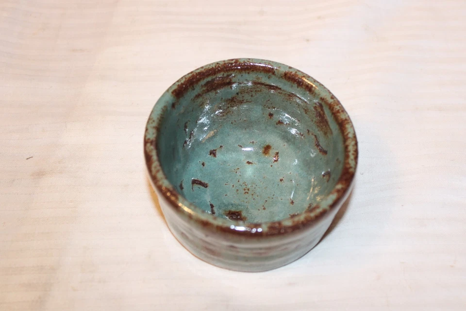 Vintage Small Clay Dip Bowl, Green With Brown, Hand Made 4" diameter 2" tall - Image 2 of 3
