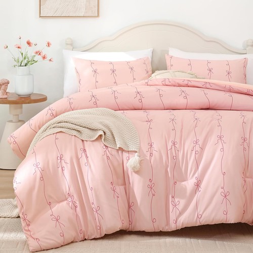 Lacey Bow Pink Comforter Set Queen 90x90 2 Pillow Cases 20x36 Fluffy & Cute - Picture 4 of 7