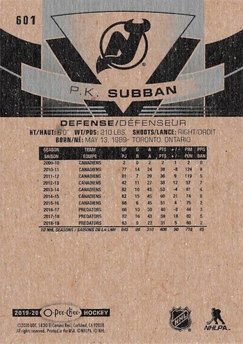 2019-20 OPC Blue Border #601 P.K. Subban - Picture 2 of 2